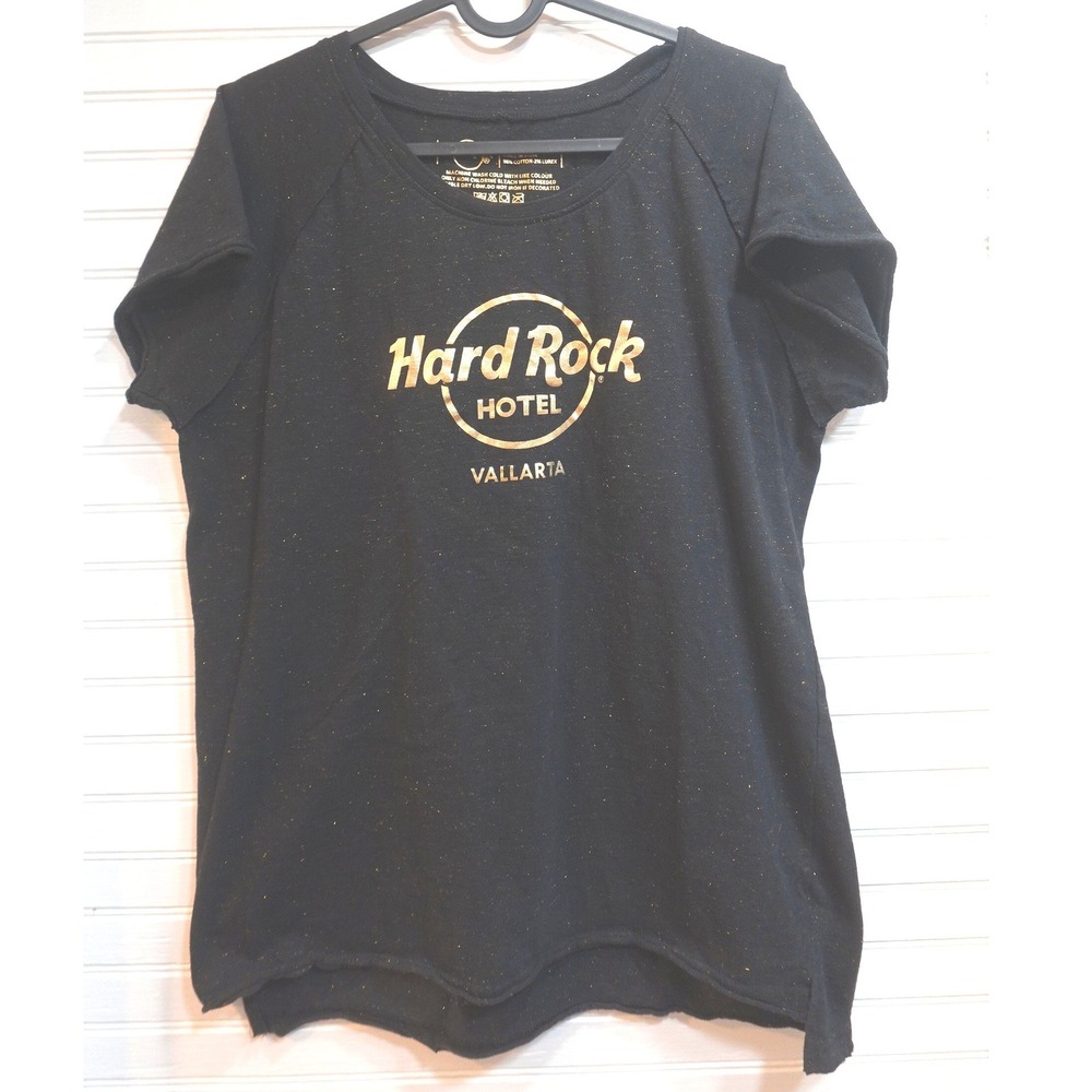 Hard Rock Hotel T-shirt Women's XL Black & Gold Bikercore Y2K Vallarta Mexico